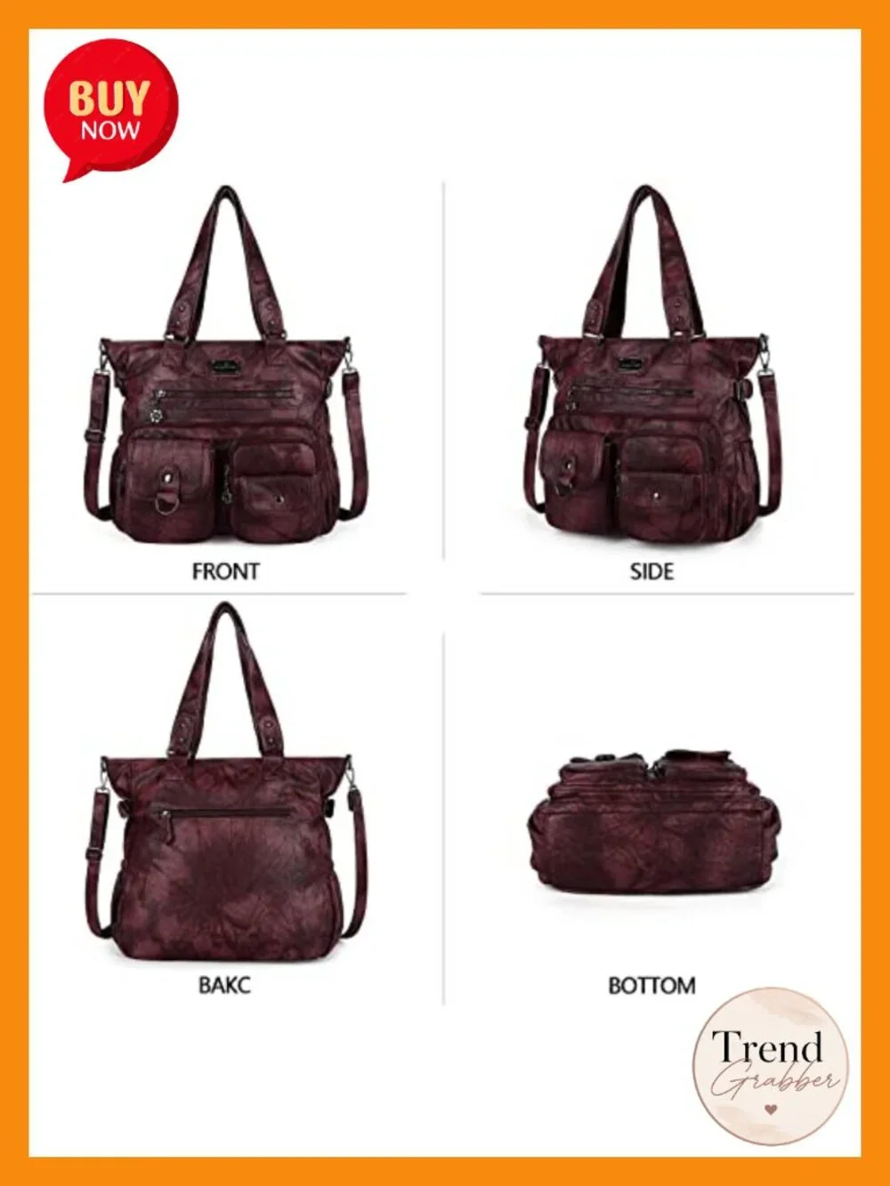 PU Faux Leather Satchel Handbag with Adjustable Shoulder Strap